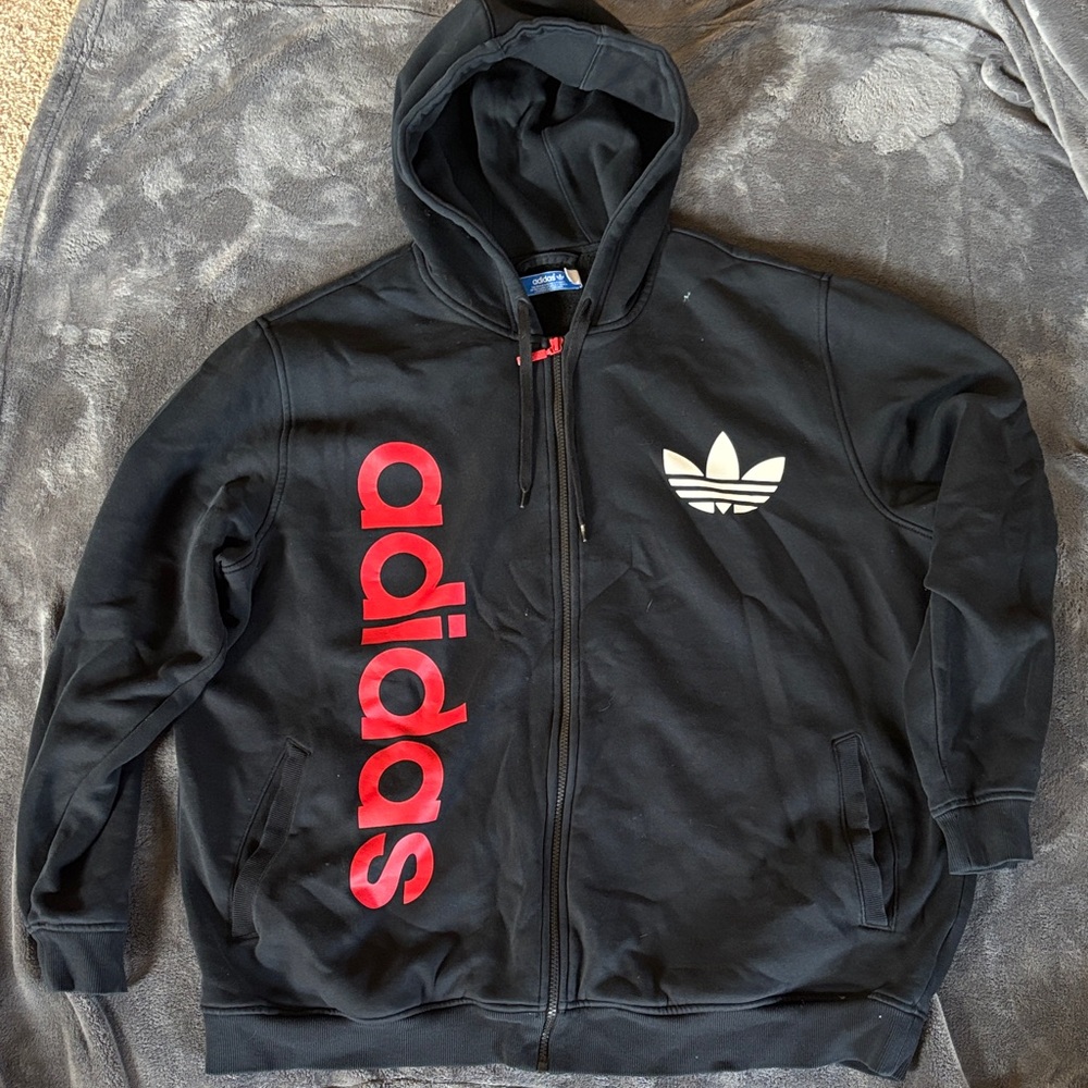 Adidas Men's Black Zip-Up Hoodie with Red and White Accents